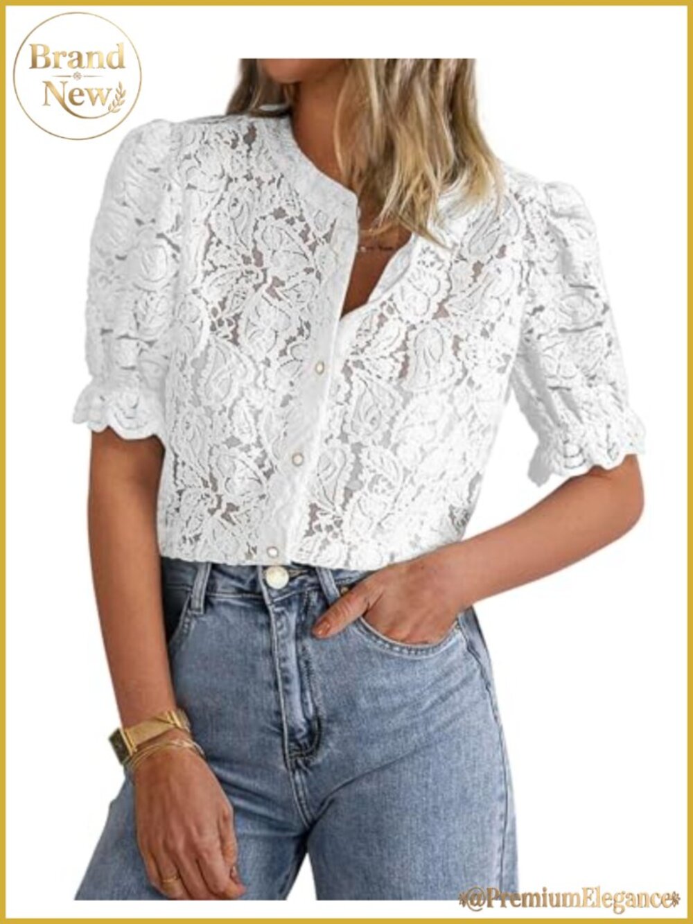 Lace Button Down Blouse with Puff Short Sleeves Crew Neck Relaxed Fit